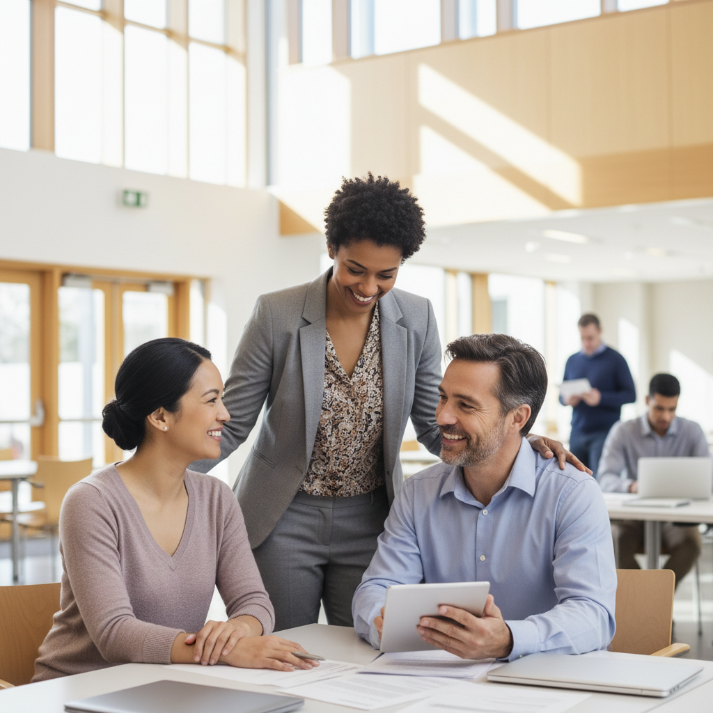 A diverse group of professionals collaborating and supporting each other in a modern setting.