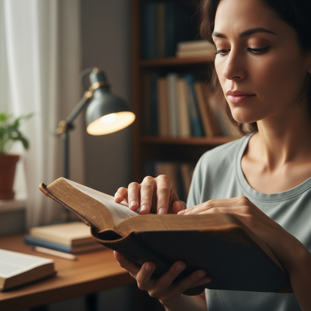 A diverse woman thoughtfully holding an open Bible, deeply reflecting.