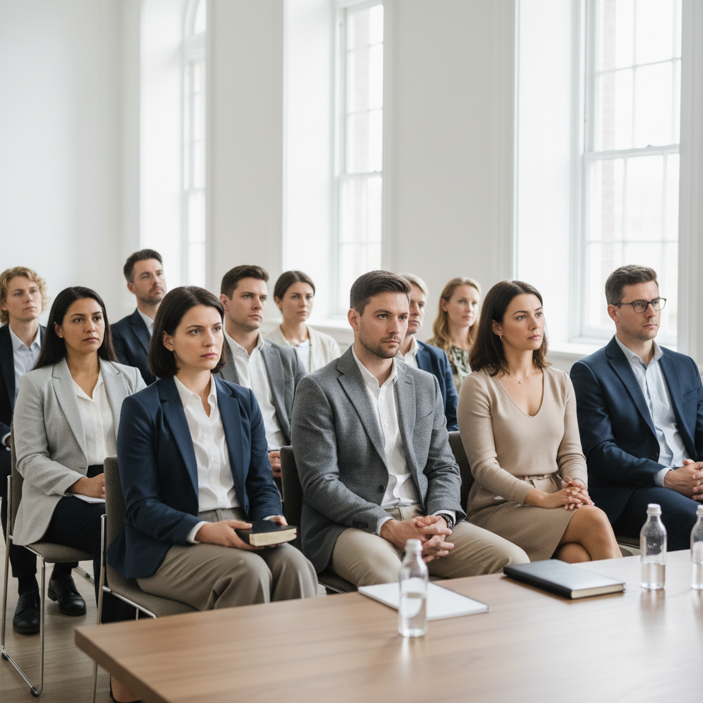 A group of diverse people intently listening in a modern hall, with one person subtly holding a Bible.
