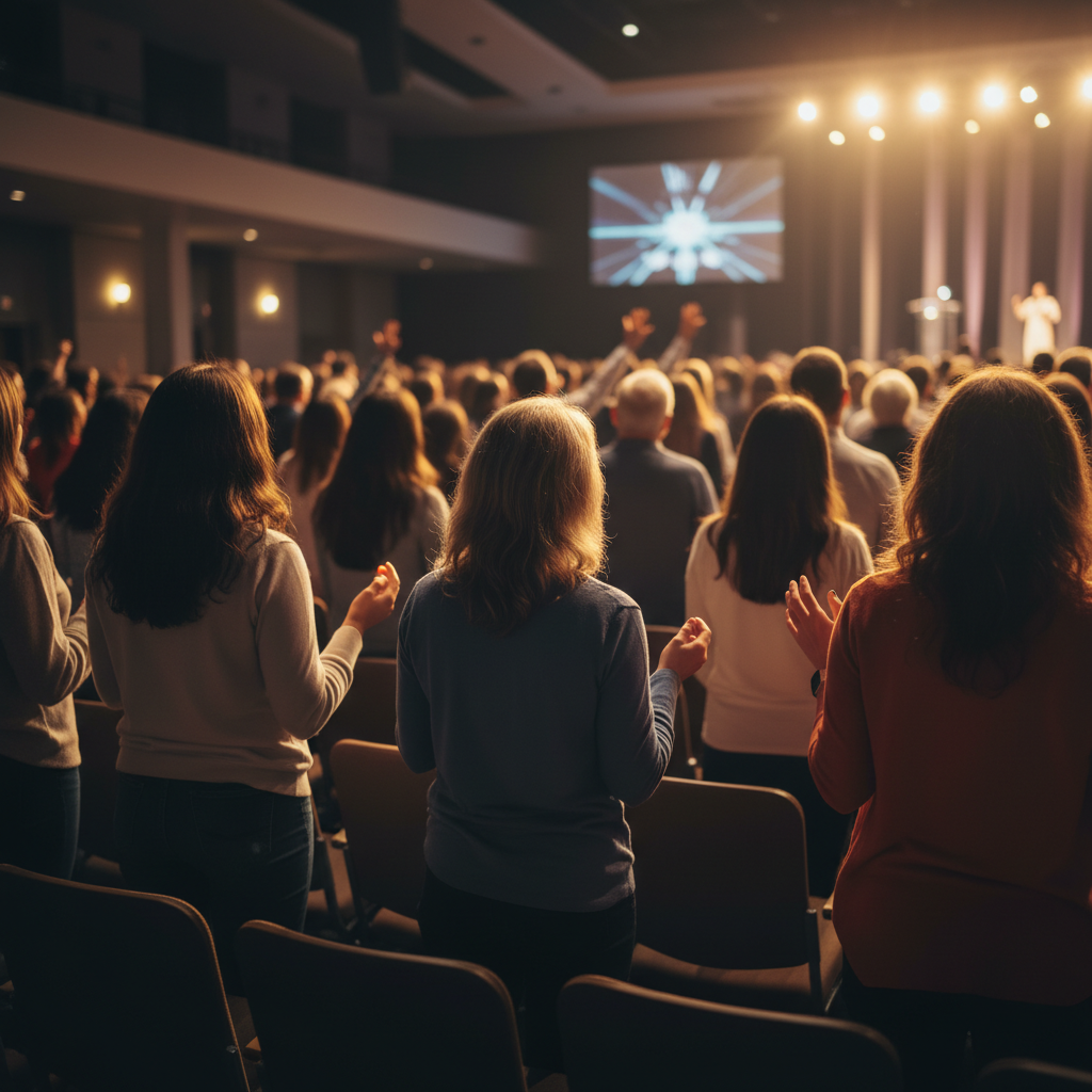 A large, diverse congregation gathered in worship at a Christian conference.