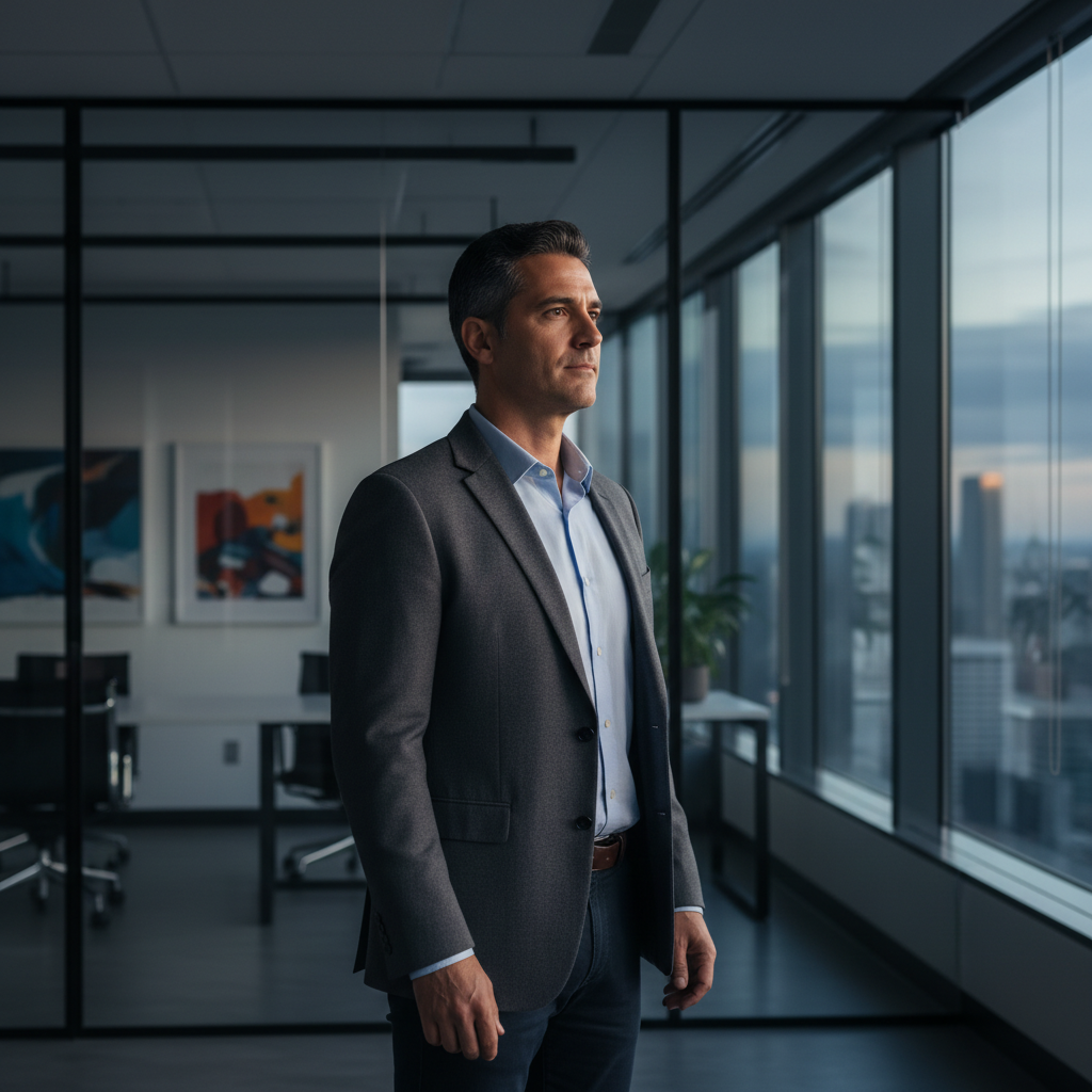 A man with a determined expression, embodying quiet strength and readiness to face challenges.