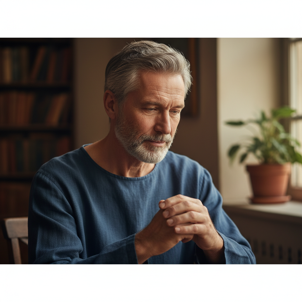 A mature man with a humble and resolute expression, eyes downcast in deep spiritual contemplation, symbolizing personal commitment to faith and self-denial.
