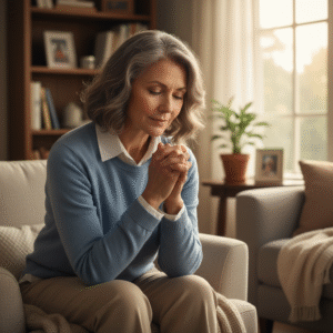 A mature woman in quiet prayer, reflecting peace and deep spiritual contemplation in a warm, comforting home setting.