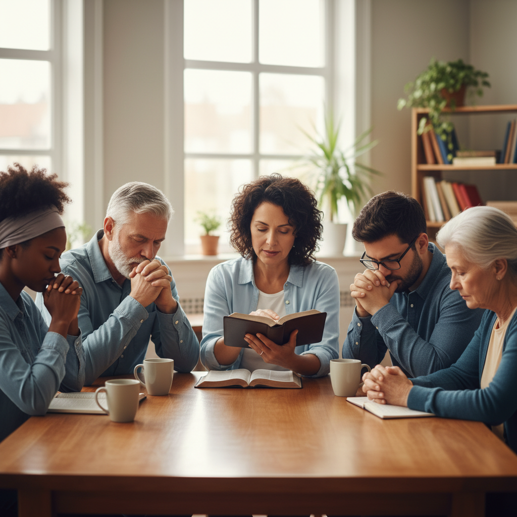 A multi-generational group of Christians praying and studying the Bible together at a table, showing devotion and community.
