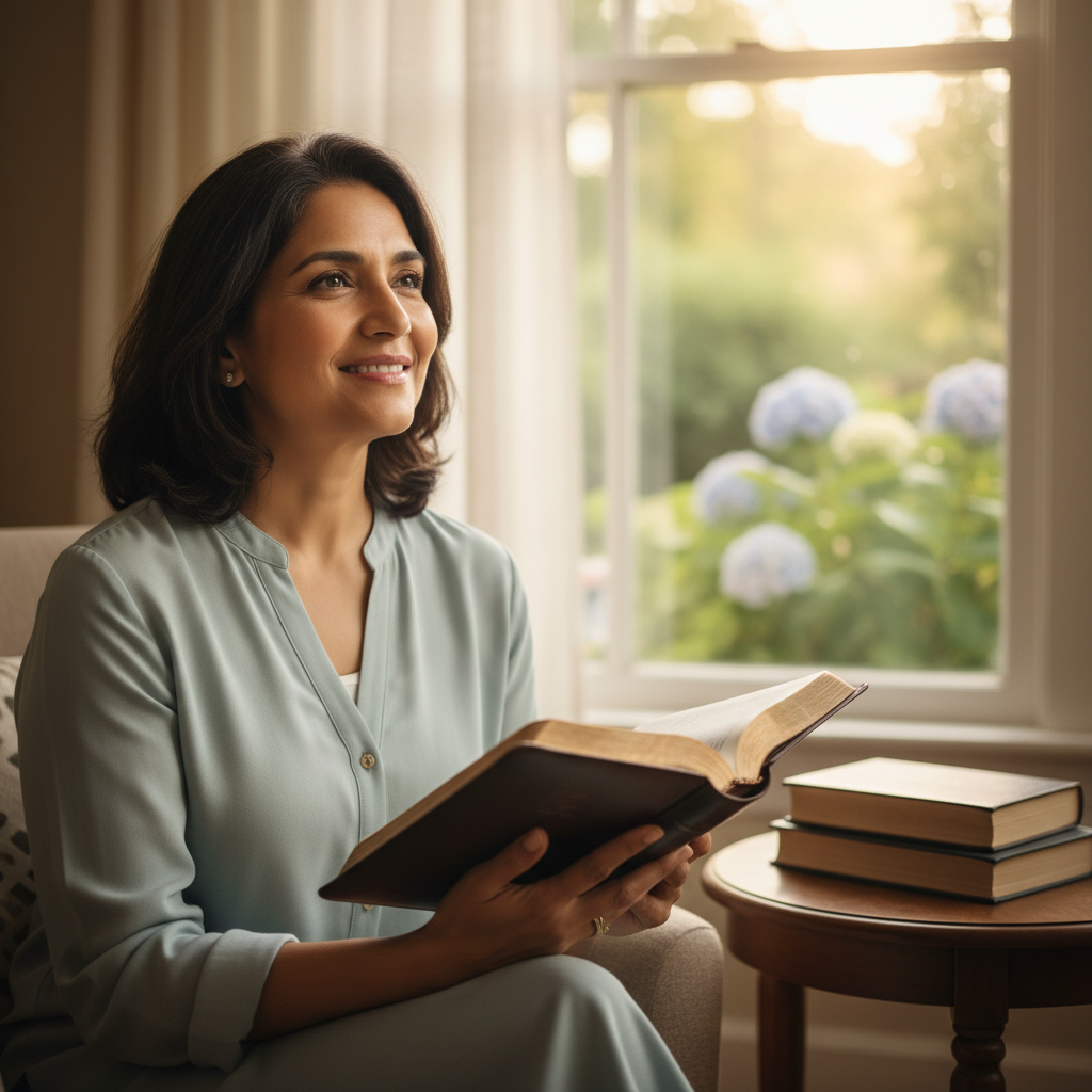 A person calmly reading an open Bible in a peaceful, softly lit setting, conveying spiritual growth.