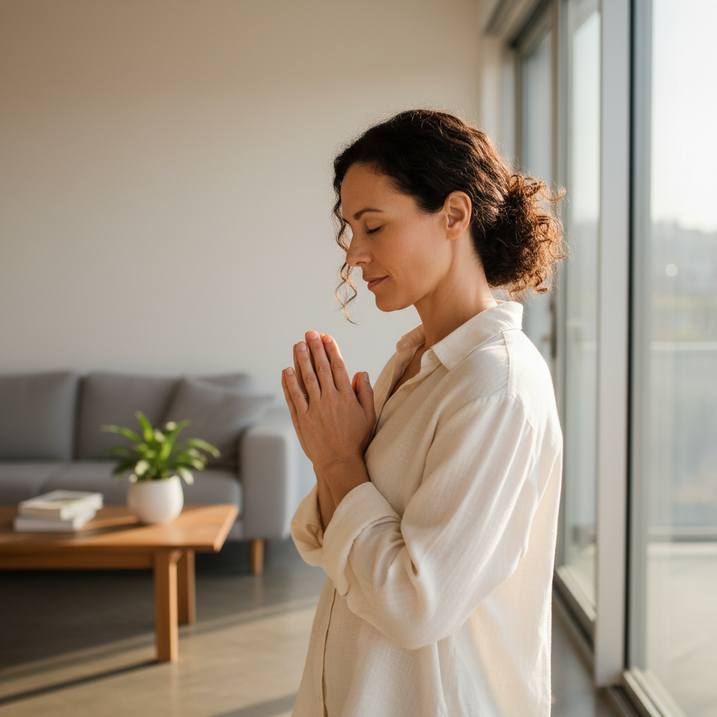 A person praying or meditating quietly in a peaceful, modern home environment.