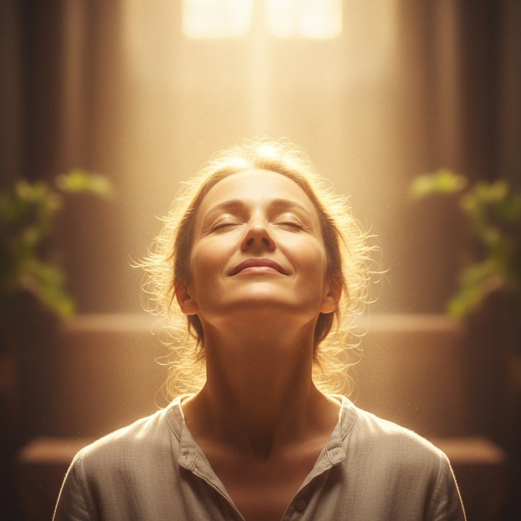 A person's face bathed in warm, golden light, symbolizing spiritual illumination and hope.