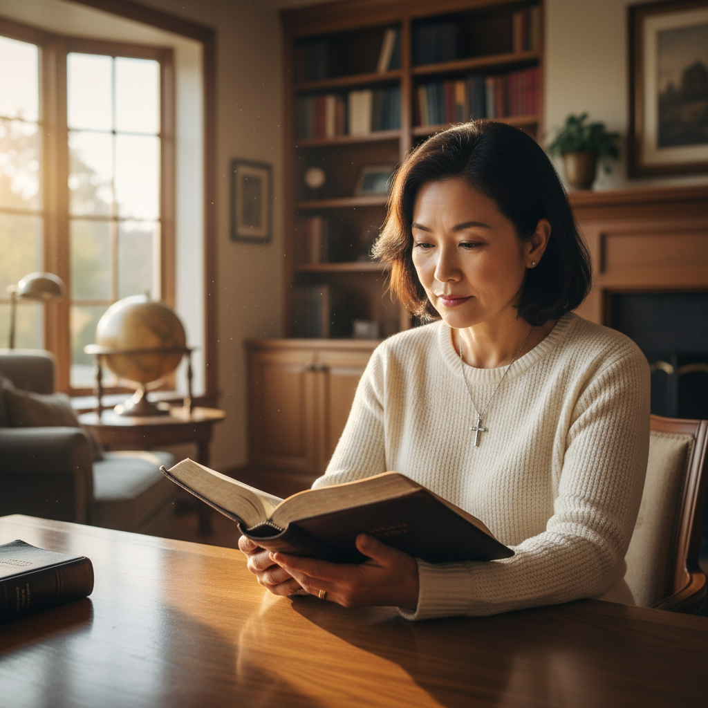 A person with a thoughtful expression reading an open Bible at a wooden desk in a sunlit room.