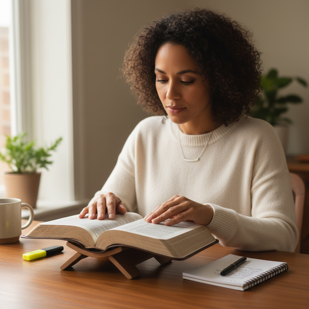 A person with focused concentration, studying an open Bible on a table.