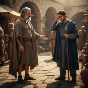 A photorealistic depiction of two men in ancient biblical attire, one calm and authoritative, representing Paul, and the other appearing troubled or resistant, symbolizing spiritual opposition.