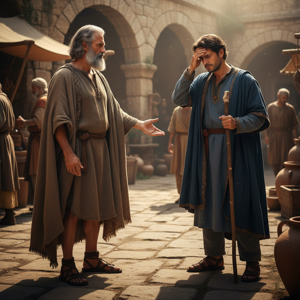 A photorealistic depiction of two men in ancient biblical attire, one calm and authoritative, representing Paul, and the other appearing troubled or resistant, symbolizing spiritual opposition.