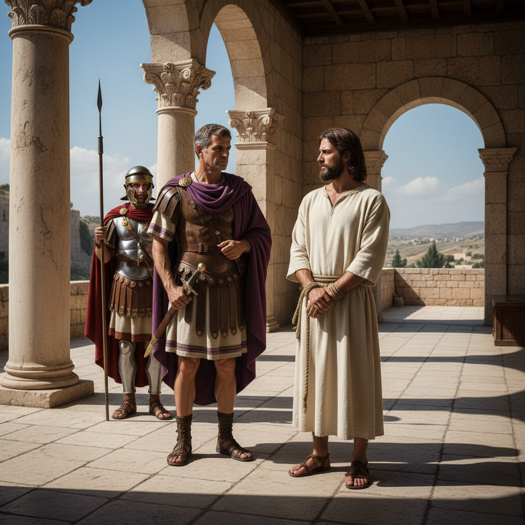 A photorealistic image of Jesus Christ standing before Pontius Pilate in a Roman praetorium, with a Roman soldier nearby, depicting a scene from the trial.