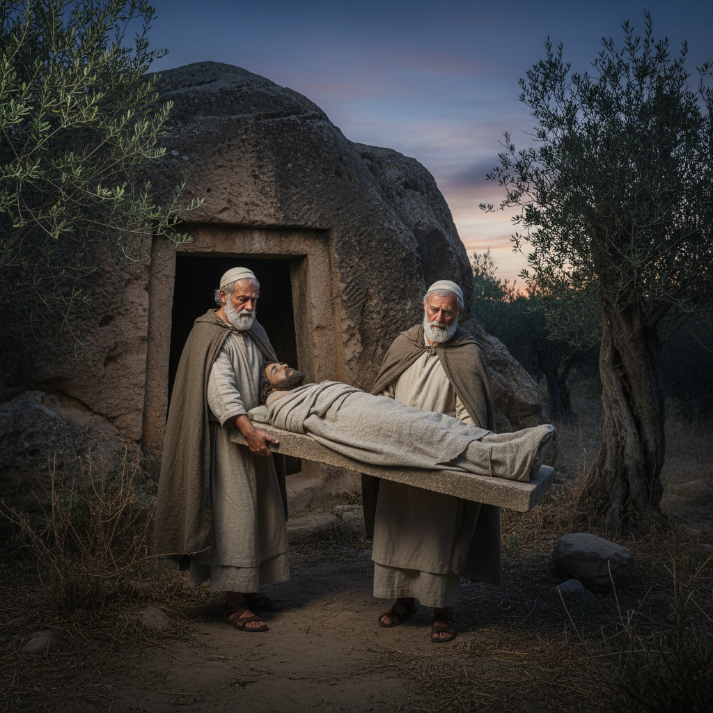 A photorealistic image of Joseph of Arimathea and Nicodemus reverently preparing the body of Jesus for burial near a rock tomb at dusk.