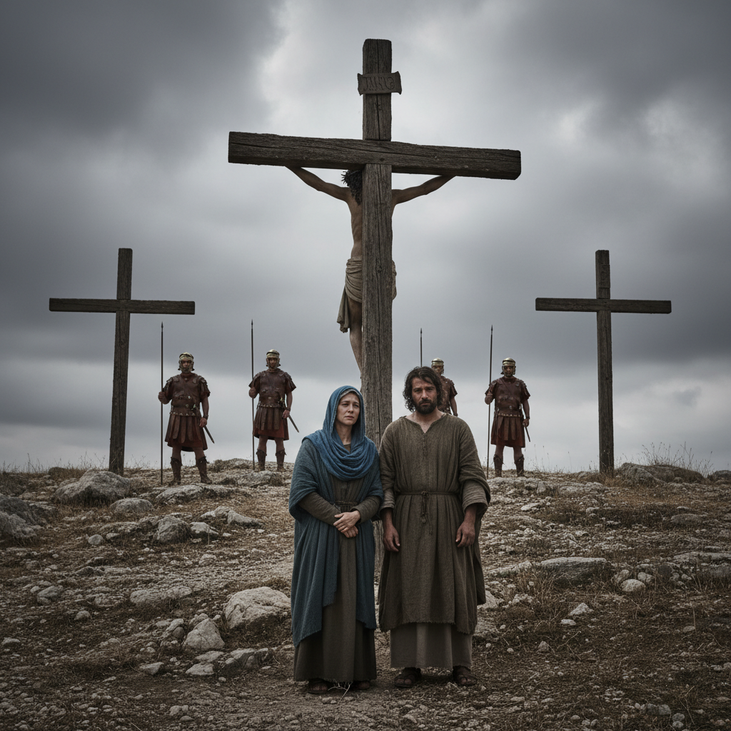 A photorealistic image of Mary and John standing at the foot of the cross on Golgotha, with other crosses and Roman soldiers in the background.