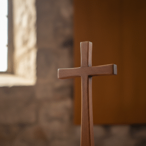 A professional photograph of a simple wooden cross, softly lit, symbolizing faith and sacrifice in a serene setting.