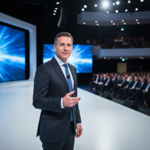A professional, photorealistic image of a charismatic male speaker delivering a message on stage at a large conference, embodying leadership and conviction.