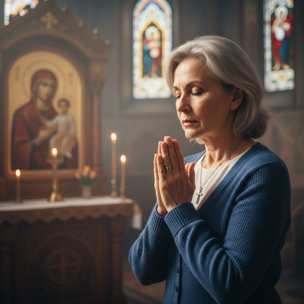 A reverent woman praying with clasped hands in a softly lit church, reflecting deep faith and devotion.