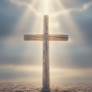 A rugged wooden cross bathed in soft, heavenly light, symbolizing the crucifixion of Christ.