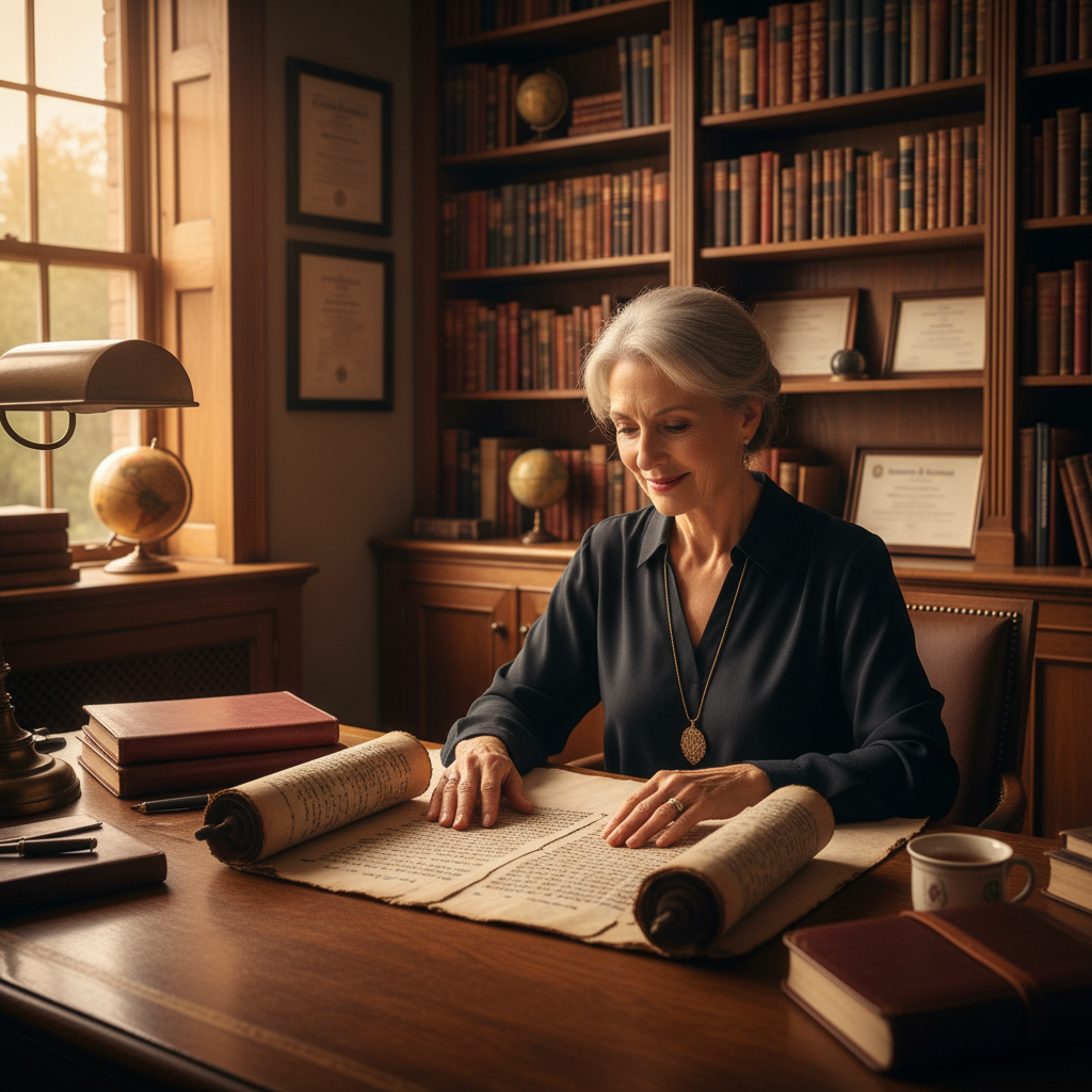 A scholar intently studying an open Bible on a wooden desk.