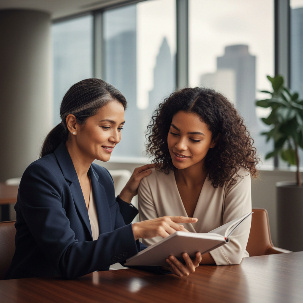 A senior female executive offering guidance and support to a junior professional in a modern office setting, illustrating the value of mentorship and giving.