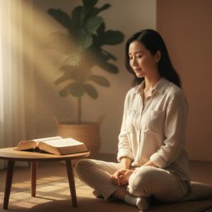 A serene individual, a real human subject, bathed in warm, radiant light, contemplating a Bible, symbolizing divine guidance and hope.