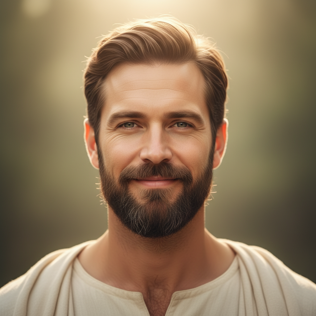 A serene man with kind eyes and a gentle expression, representing a compassionate portrayal of Jesus Christ.