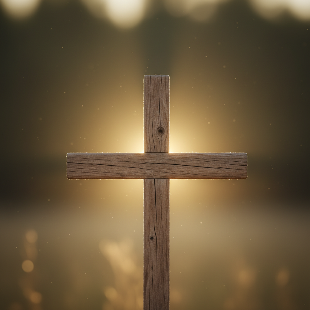 A simple wooden cross bathed in warm, golden light, symbolizing divine grace and hope.