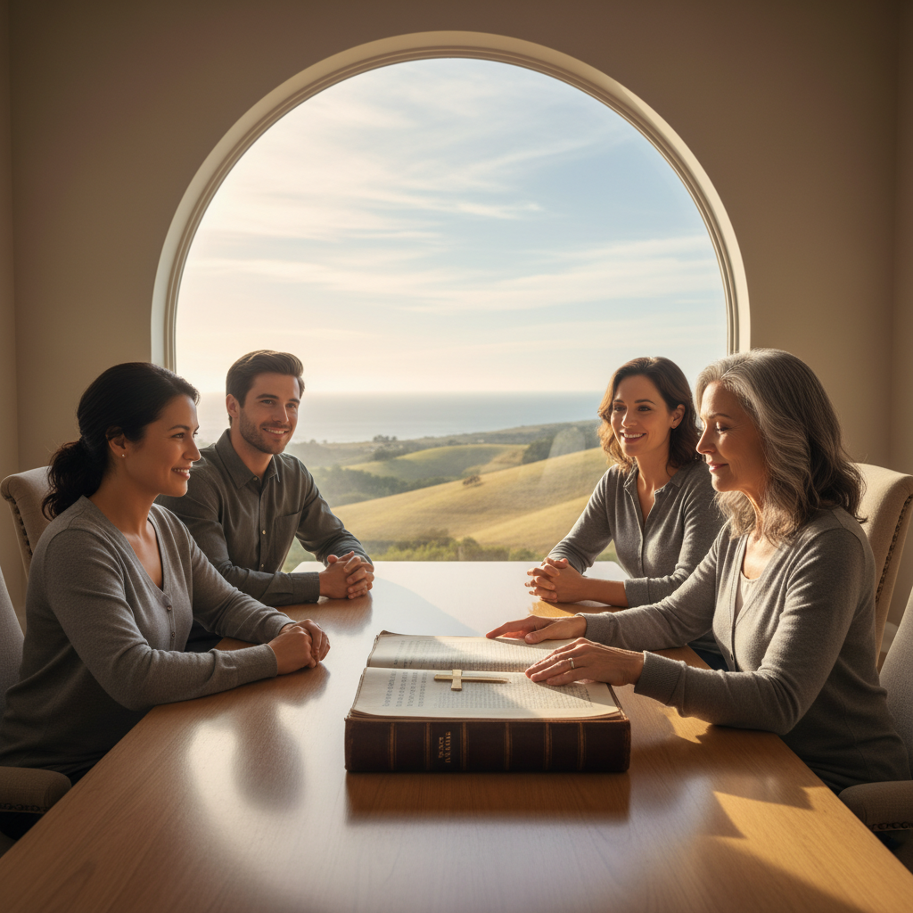 A small group of people in a study setting, one closing a New Testament with thoughtful contemplation, as a vast landscape is seen through a window, symbolizing the conclusion of the Gospel and infinite faith.