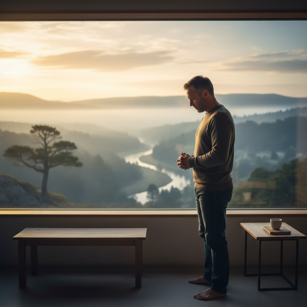 A solitary man in quiet contemplation or prayer by a window at dawn, looking out at a peaceful natural landscape, illuminated by soft light.