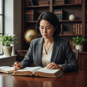 A thoughtful Christian adult carefully examines an open Bible on a desk, symbolizing discernment and biblical study.