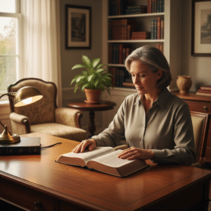A thoughtful individual studying an open Bible in a quiet, warmly lit room, symbolizing spiritual reflection and understanding of scripture.