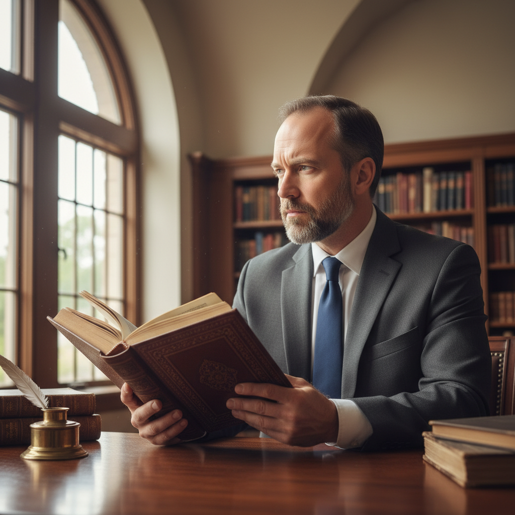 A thoughtful man in a professional setting, contemplating a leather-bound book.