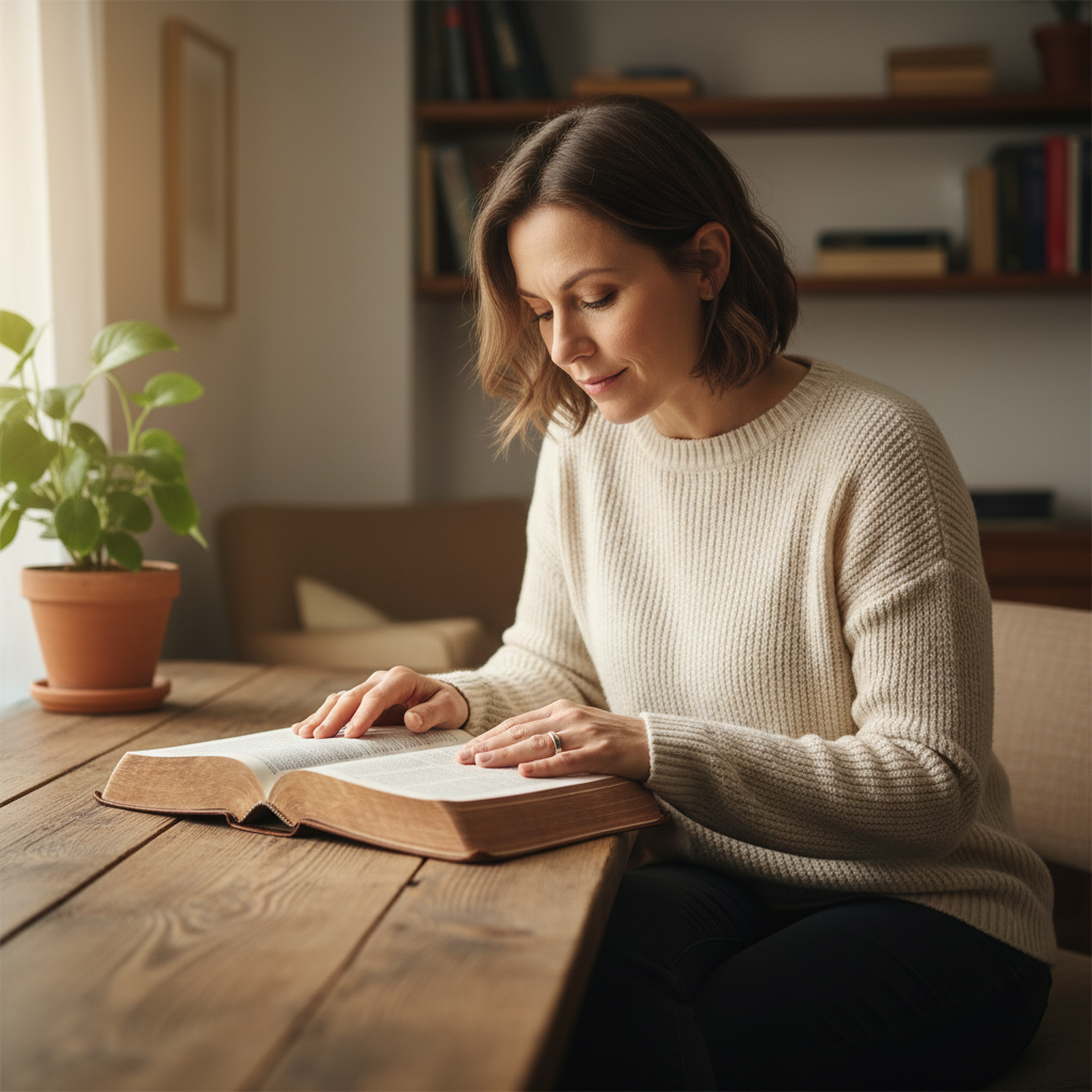 A thoughtful person deeply engaged in reading and studying an open Bible.