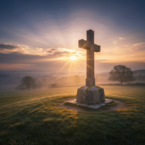 A weathered stone cross bathed in golden dawn light, symbolizing divine mercy, justice, and the hope of reconciliation.