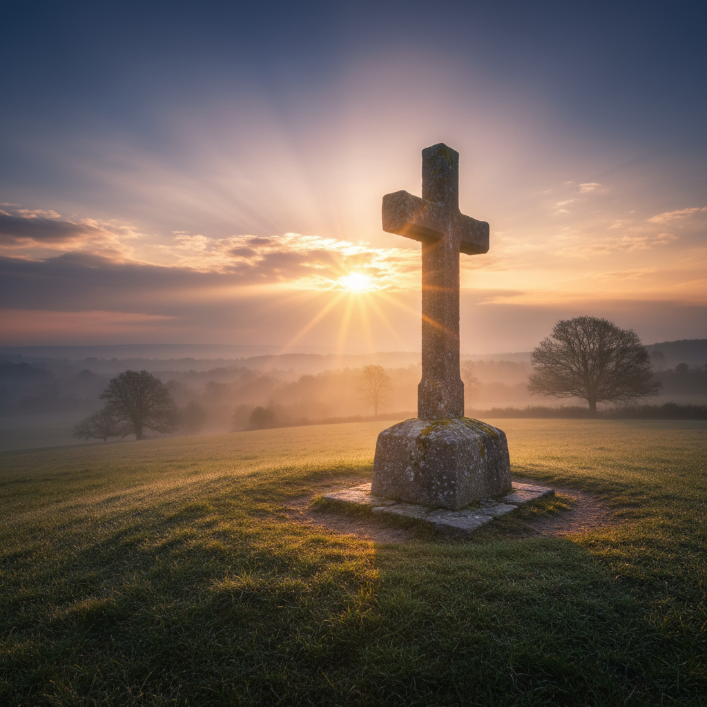 A weathered stone cross bathed in golden dawn light, symbolizing divine mercy, justice, and the hope of reconciliation.