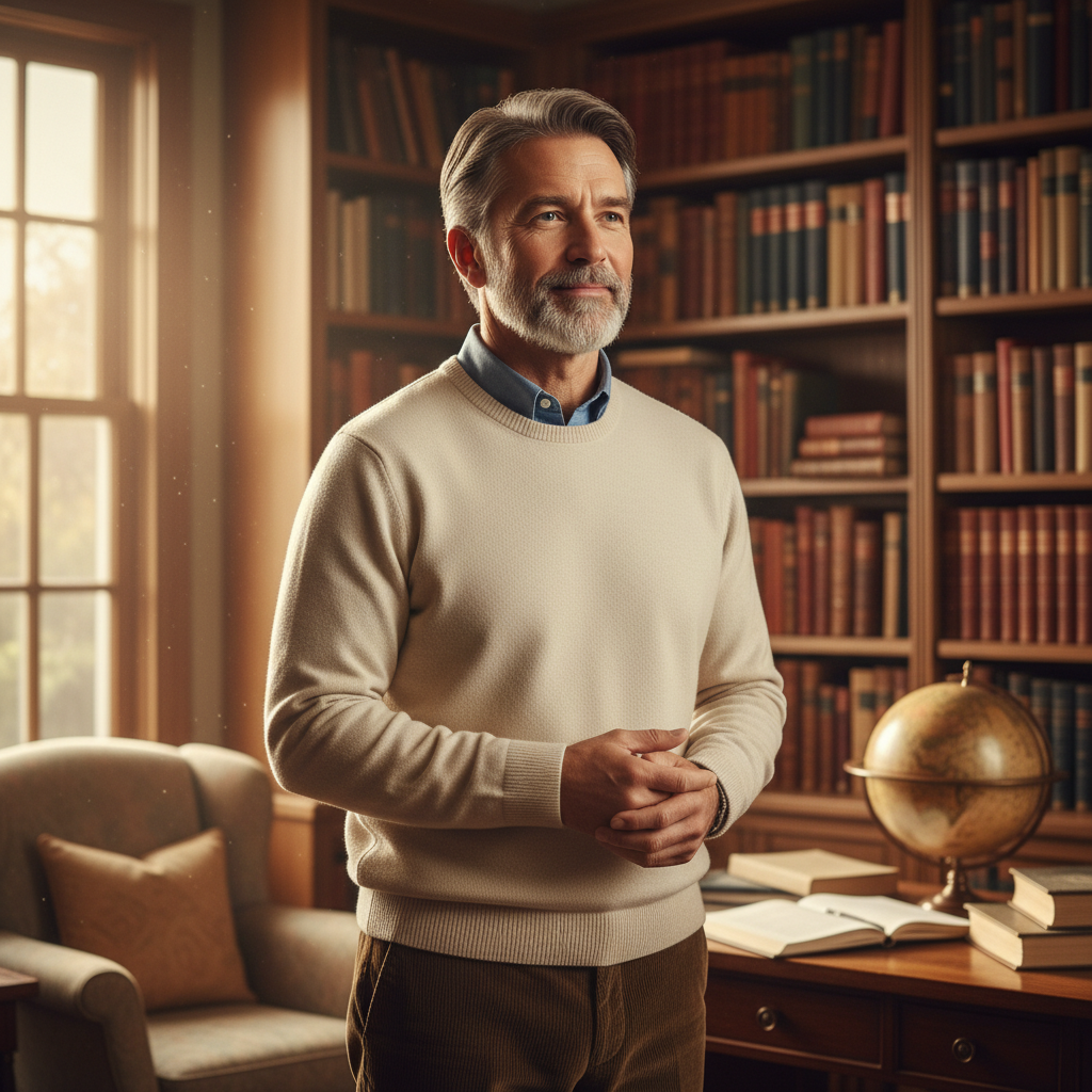 A wise, compassionate man in a study, contemplating spiritual truth.