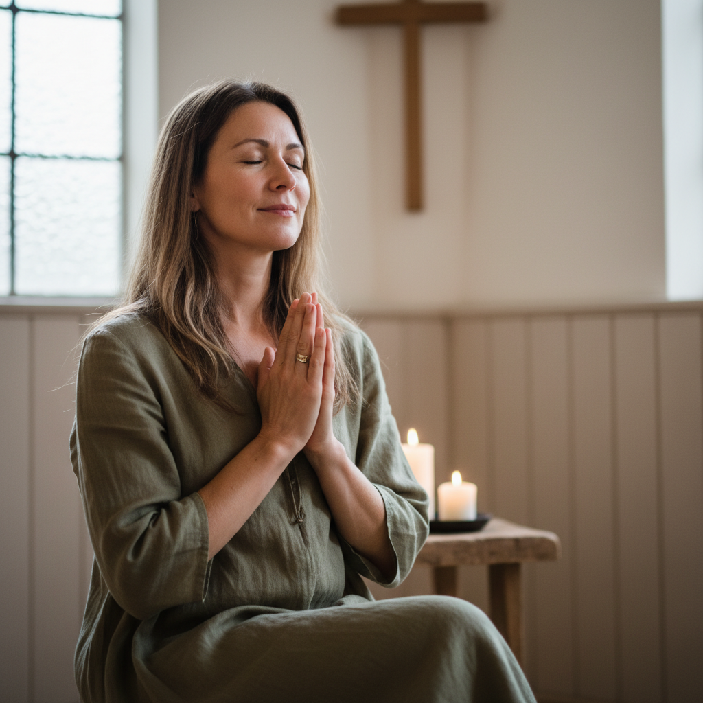 A woman in prayer, reflecting deep spiritual connection and peace.
