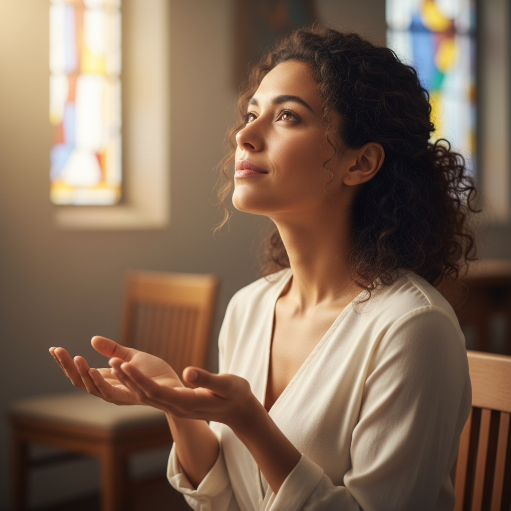 A woman praying with a serene expression, bathed in warm, golden light, symbolizing devotion.