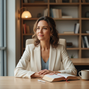 A woman reflecting on an open Bible in a modern professional office, conveying peace and spiritual insight.
