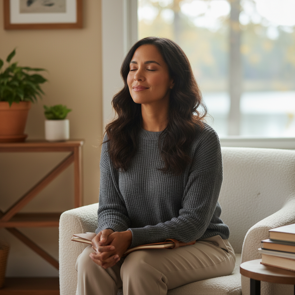 A woman with a contemplative expression, sitting peacefully in a sunlit room, symbolizing reflection and inner peace.