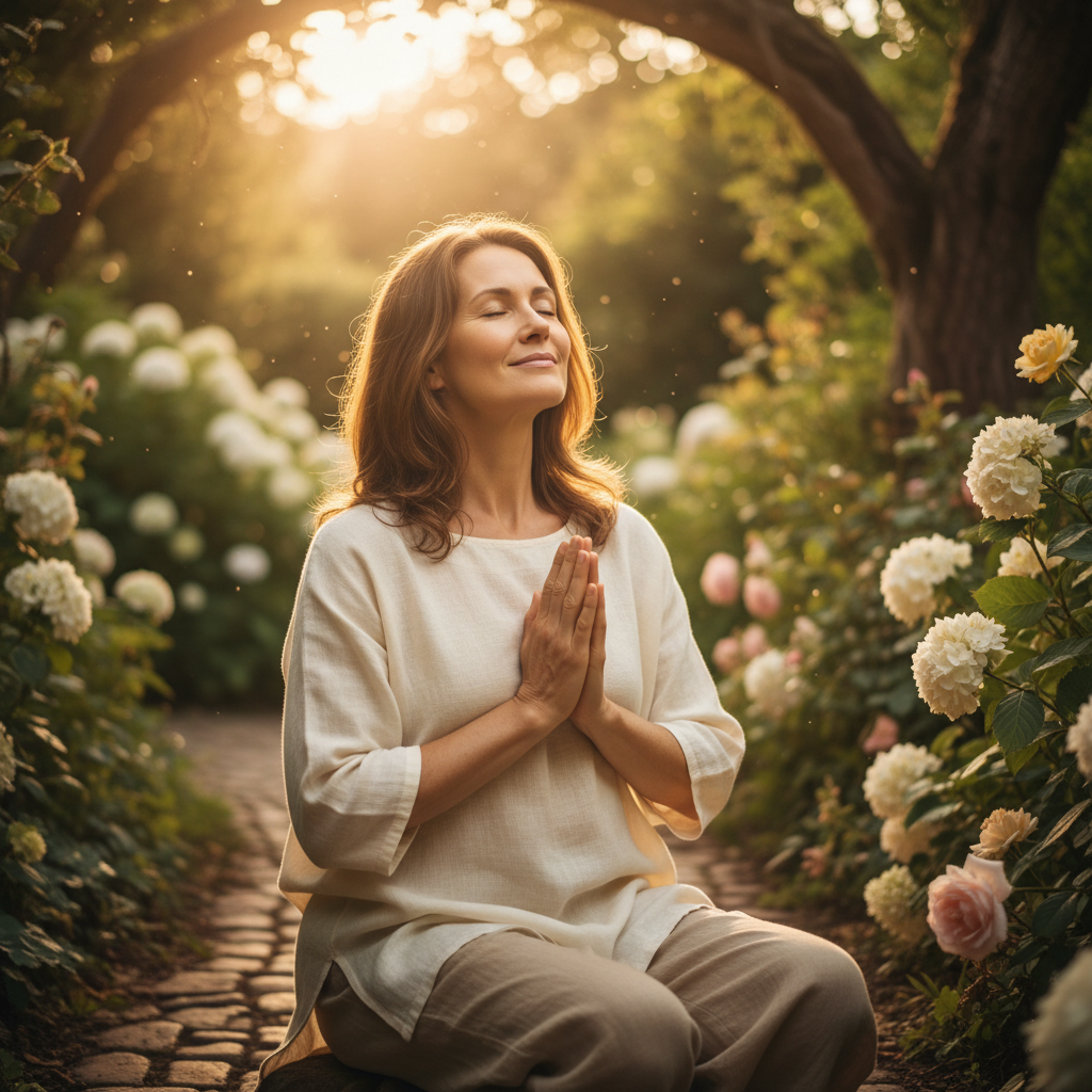 A woman with a serene expression looks peacefully into the distance in a sun-dappled garden, conveying contentment.