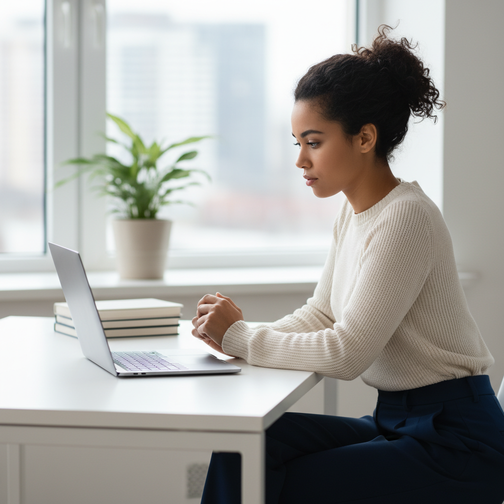 A young professional woman at a desk with a thoughtful expression, representing self-denial and introspection.