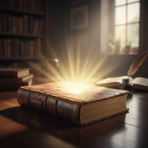 An ancient, open Bible on a dark wooden table, glowing with warm light, symbolizing the infinite wisdom and works of Jesus Christ.