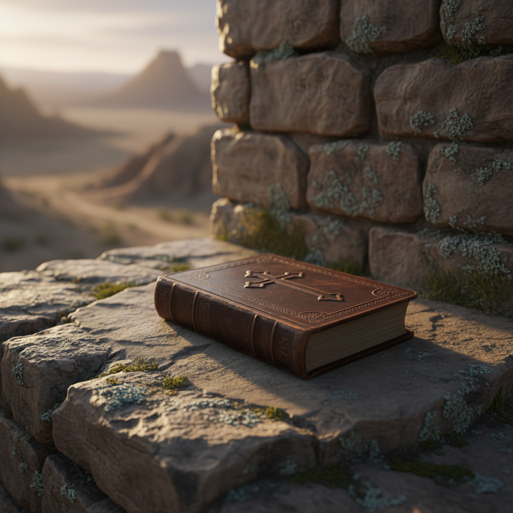 An ancient, weathered stone surface with a closed, leather-bound book resting on it, symbolizing the intersection of history and sacred texts.