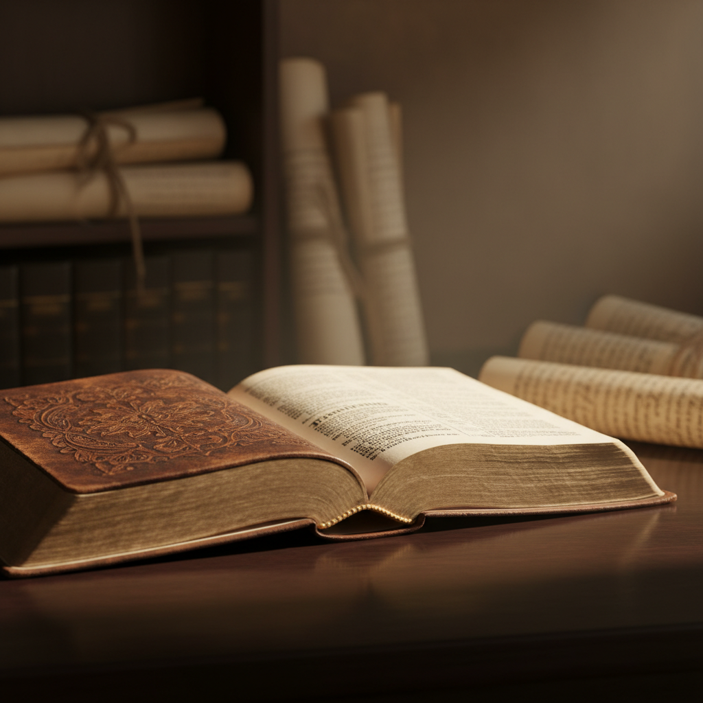 An antique, open leather Bible on a polished wooden desk, illuminated by soft light.