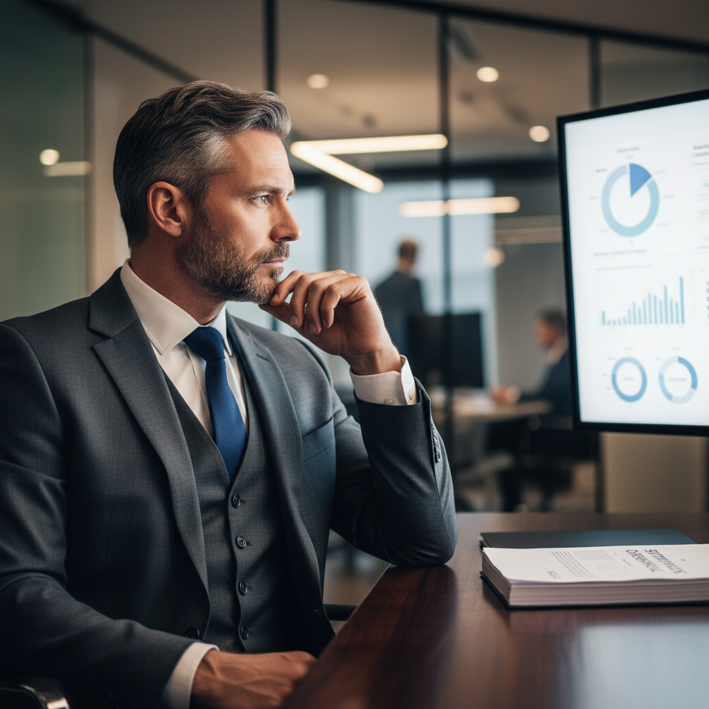 An executive man in a modern office deeply lost in thought, contemplating a significant decision or challenging truth.