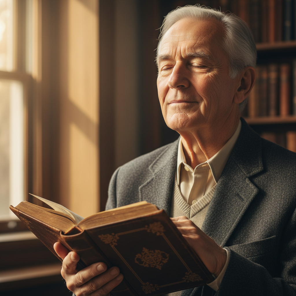 An older man peacefully contemplating while holding an open hymnal.