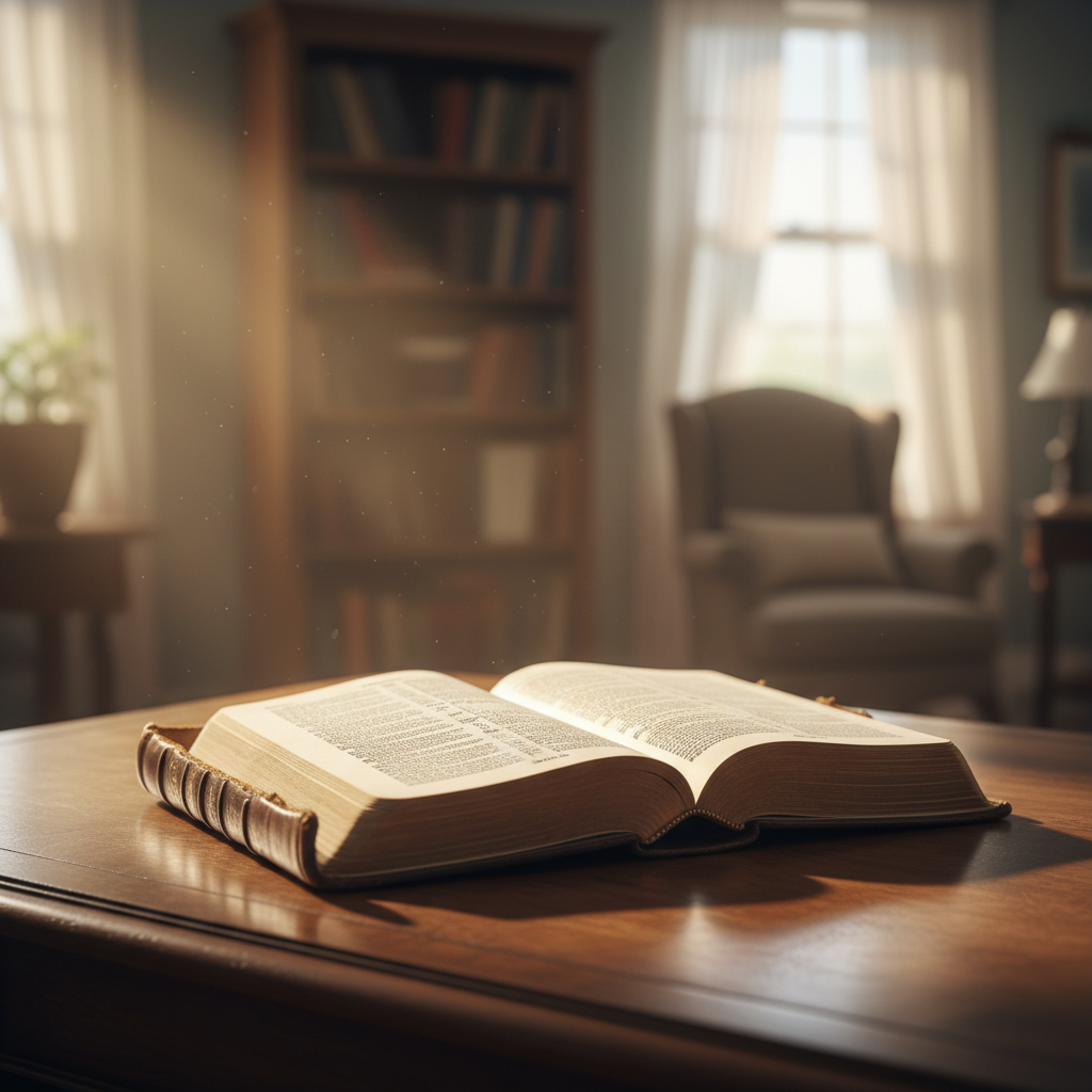 An open Bible bathed in a warm beam of golden light, symbolizing divine scripture.