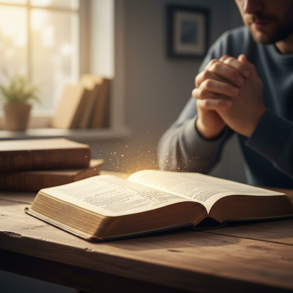 An open Bible bathed in soft, golden light, symbolizing divine inspiration and the revelation of truth, with hands clasped in prayer or contemplation in the background.