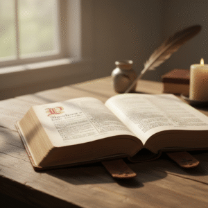 An open, leather-bound Holy Bible, softly lit, symbolizing diligent scriptural study and spiritual reflection.